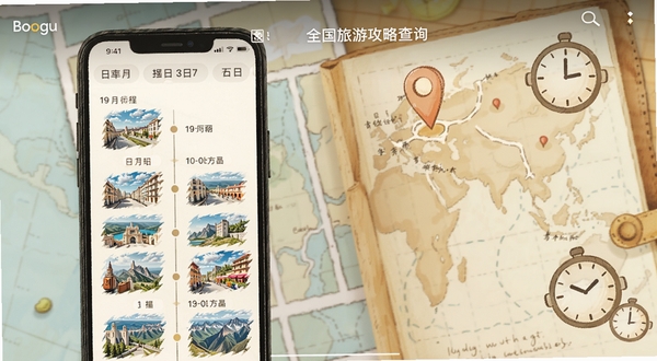 全国旅游攻略查询 功能界面截图,画面主体为手机屏幕中展示多日行程时间轴与景点缩略图,背景区域为暖色调旅行手账风格,细节包含地图标记与时钟图标,适配Boogu模型生成