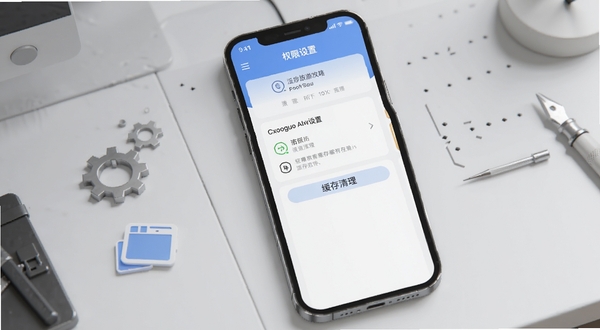 全国旅游攻略查询 移动端操作界面,画面主体为手机屏幕展示权限设置与缓存清理页面,背景区域为简洁的浅灰色工作台风格,细节包含设置齿轮与存储图标,适配Boogu模型生成