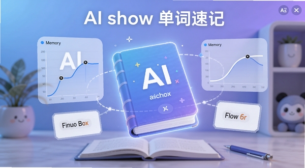 AI show单词速记软件主界面全貌展示,画面中央悬浮着一本发光的电子单词书,周围环绕着记忆曲线图表和单词卡片,背景是柔和的蓝紫色渐变学习场景,顶部有AI show单词速记字样,整体风格清爽现代,适配Boogu模型生成