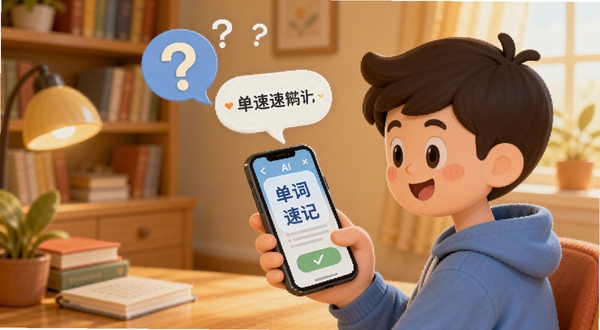 AI show单词速记用户问答界面示意图,画面中一个卡通人物正在使用手机学习,头顶浮现问号和答案气泡,背景是温馨的书房场景,色调温暖明亮,突出互动问答的学习氛围