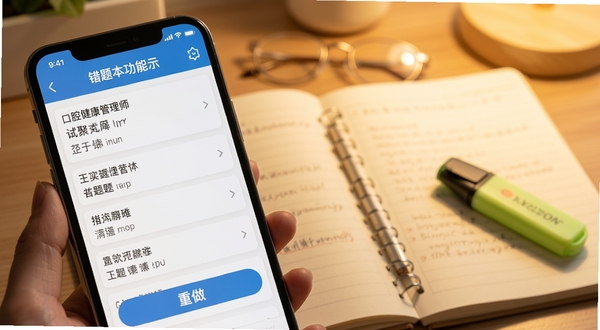 口腔健康管理师考试聚题库 错题本功能展示,手机界面显示错题列表和重做按钮,背景有笔记本和荧光笔元素,温馨学习氛围,柔和暖色调,细节清晰可见