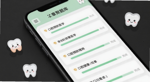 口腔健康管理师考试聚题库 章节练习界面,手机屏幕显示口腔预防医学章节列表,每个章节旁边有完成进度条,背景为干净的白色与浅绿色搭配,有卡通牙齿图标点缀,柔和阴影,扁平化设计风格,高清UI展示