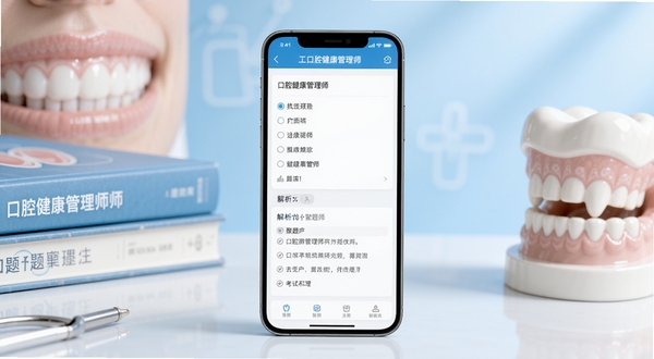口腔健康管理师考试聚题库 手机界面展示,画面主体为一部竖屏智能手机位于中央,屏幕显示口腔健康管理师考试聚题库的题库练习页面,包含单选题选项和解析区域,背景为淡蓝色渐变医疗风格,桌面有口腔健康管理相关书籍和牙齿模型,柔和光线,高清细节,适配Boogu模型生成