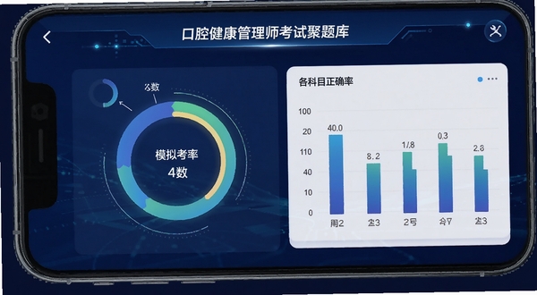 口腔健康管理师考试聚题库 模拟考试成绩报告页面,手机屏幕显示环形得分图表和各科目正确率柱状图,背景为深蓝色科技感渐变,数据可视化元素丰富,高清渲染