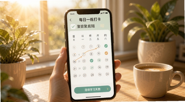 口腔健康管理师考试聚题库 每日一练打卡界面,手机屏幕显示日历打卡记录和连续学习天数,背景有植物和咖啡杯,清晨阳光透过窗户,温馨励志风格