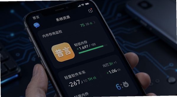 普言软件运行内存占用示意图,手机屏幕显示系统资源监控面板,普言应用图标旁边标注较低的内存占用数值,背景为深色科技风格,突出轻量低耗的社交软件特性