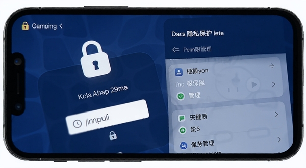 普言隐私保护设置界面,手机屏幕显示应用锁密码输入框与权限管理列表,界面为深蓝色调,锁形图标醒目,体现社交聊天软件的安全防护功能