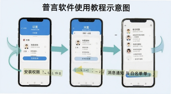 普言软件使用教程示意图,手机屏幕展示安装权限设置与消息通知白名单配置步骤,界面带有箭头指引和文字标注,背景为浅色,突出操作指引的清晰性