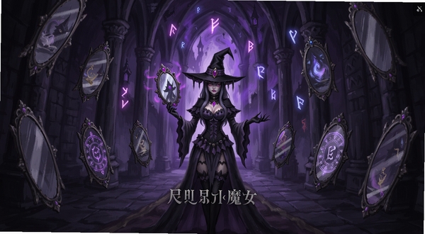 反射魔女(steam移植)游戏主界面全景展示,画面中央为手持魔镜的魔女角色站立在哥特式城堡大厅,四周环绕着发光的魔法镜面与漂浮的符文,背景区域为深紫色调的神秘空间,画面风格为暗黑奇幻手绘风格,细节精致,光影层次丰富