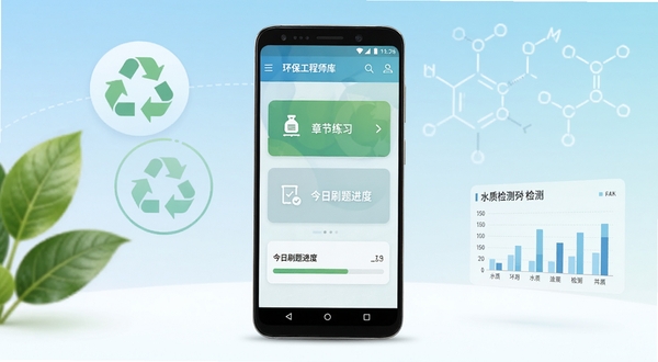 环保工程师题库软件主界面展示,手机屏幕居中放置,画面主体为安卓手机正视图,屏幕内呈现题库首页、章节练习入口和今日刷题进度条;背景区域为浅蓝与白色渐变的环保主题空间,左侧点缀绿植叶片与循环箭头图标,右侧浮现淡色化学分子式与水质检测数据图表,整体色调清爽专业,适配Boogu模型生成