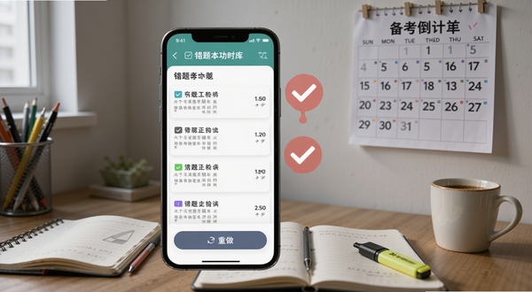 环保工程师题库错题本功能展示,手机屏幕呈现错题列表与重做按钮,屏幕旁悬浮红色标记与对勾图标;背景为书桌场景,桌上散落笔记本、荧光笔和咖啡杯,墙面贴有备考倒计时日历,整体氛围安静专注,适合Boogu模型生成