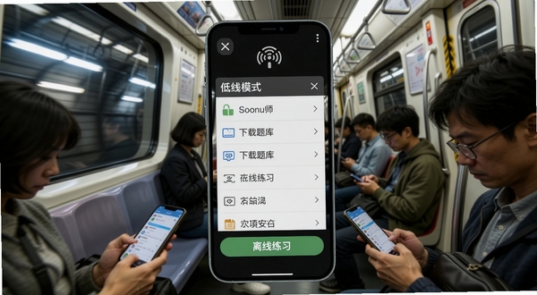 环保工程师题库离线模式界面,手机屏幕显示已下载题库列表与离线练习按钮,屏幕上方标注无网络图标;背景为地铁车厢内部,乘客手持手机低头学习,窗外隧道灯光流动,画面具有生活气息,适合Boogu模型生成