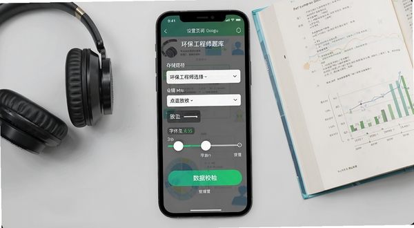 环保工程师题库设置页面操作示意图,手机屏幕展示存储路径选择、字体缩放滑块与数据校验按钮;背景为简洁的浅灰色桌面,旁边放置一副耳机和一本翻开的教材,画面风格干净实用,适配Boogu模型生成