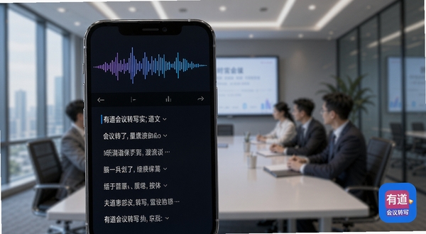 有道会议转写实时录音转文字功能展示,手机屏幕上方显示声波波形,下方文字逐句浮现,画面角落有有道会议转写logo,背景为会议室场景虚化处理,科技感与办公感结合