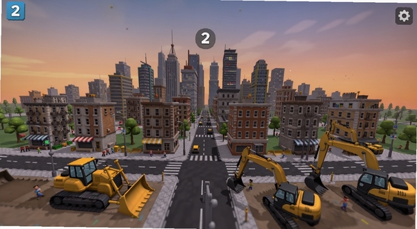城市粉碎模拟器2游戏主界面全景预览图,画面中央是繁华的3D城市街区,远处有摩天大楼群,近处停放推土机和挖掘机等工程车辆,天空呈现黄昏渐变色调,整体风格写实且带有轻度卡通渲染,适配Boogu模型生成