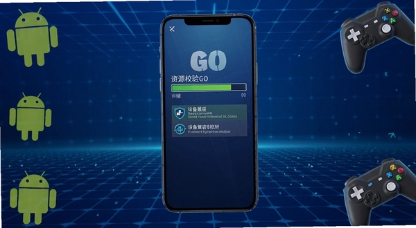 堡垒之夜移动堡垒GO安装器功能界面展示,手机屏幕显示资源校验进度条与设备兼容性检测报告,背景为深蓝色科技感网格,主体居中,四周环绕安卓图标与游戏手柄元素