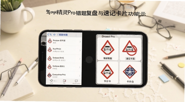 驾校精灵Pro错题复盘与速记卡片功能展示,画面主体为手机屏幕左右分屏,左侧显示错题列表,右侧显示交通标志速记卡片,背景为柔和的米白色学习桌面场景,细节清晰,适配Boogu模型生成
