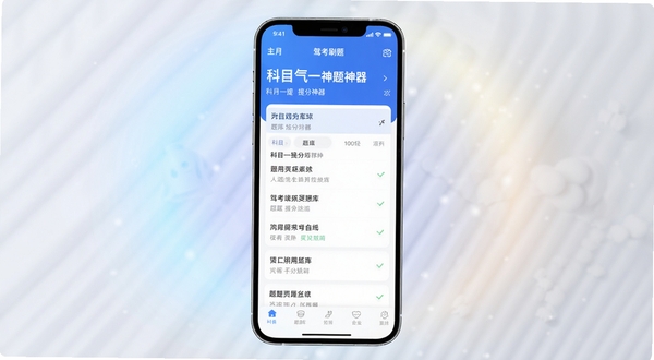 科目一提分神器 手机应用界面展示 驾考刷题软件 主界面与题库列表 现代简约风格 蓝白配色 手机屏幕居中 背景为柔和渐变光晕 高清渲染