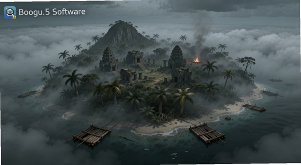 一座被浓雾笼罩的神秘荒岛全景,画面中央是茂密的热带丛林与若隐若现的古老遗迹,四周被灰白色迷雾环绕,岛屿边缘有破旧的木筏残骸,天空阴沉,远处有微弱的篝火光芒,整体氛围神秘而紧张,适配Boogu模型生成,包含迷雾求生软件名称