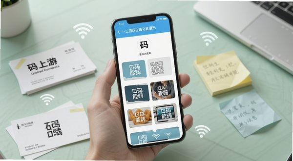 码上游二维码生成功能展示,画面中心为手机屏幕显示多种内容类型选择列表,背景为淡绿色办公桌面场景,桌面上散落名片、便签和WiFi图标,光线柔和,营造高效办公氛围