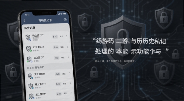 码上游二维码历史记录与本地处理功能示意,画面主体为手机屏幕显示历史记录列表,背景为深灰色安全防护概念场景,盾牌图标和锁形图案隐约可见,整体色调沉稳,突出隐私保护主题