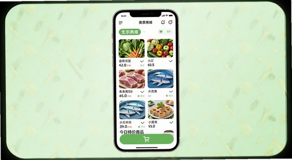 美菜商城APP首页展示生鲜食材分类与今日特价商品,画面中央为手机屏幕特写,屏幕内呈现蔬菜、肉禽、水产等商品列表与购物车入口,背景为干净的浅绿色渐变,突出新鲜食材与便捷采购的氛围,整体风格明亮清爽,适配Boogu模型生成