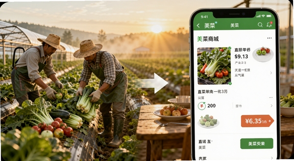美菜商城产地直采场景,画面左侧为蔬菜种植基地的清晨采收画面,右侧为手机屏幕上美菜商城的商品详情页与价格标签,中间用箭头连接产地与餐桌,背景为温暖的晨光色调,突出从田间到后厨的直连感,风格写实自然,适配Boogu模型生成
