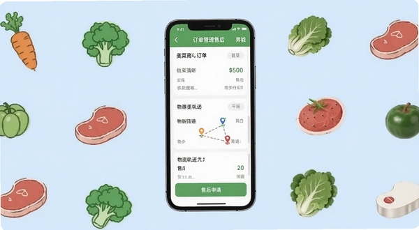 美菜商城订单管理与售后界面,画面为手机屏幕展示订单列表、物流轨迹和售后申请按钮,屏幕周围环绕着蔬菜、肉类的简笔图标,背景为柔和的浅蓝色,突出对账清晰与售后便捷的功能特点,风格简洁现代,适配Boogu模型生成