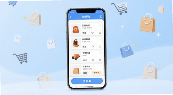 微折购软件主界面全貌展示,画面中央为手机屏幕内呈现商品列表与优惠券领取按钮,背景为浅蓝色渐变与购物袋图标点缀,整体风格简洁明快,突出省钱购物主题