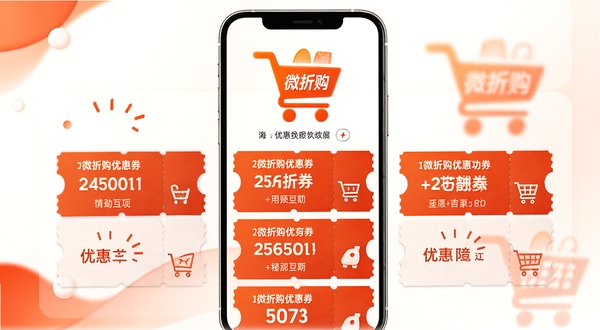 微折购优惠券聚合功能展示图,手机屏幕中显示多张不同面额的优惠券整齐排列,背景有微折购标志性购物车图标,色彩以橙红与白色为主,体现优惠力度感