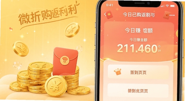 微折购返利与签到页面截图,画面中有金币堆叠与红包图标,手机屏幕显示今日已赚金额,背景为暖黄色调,营造收益满满的氛围