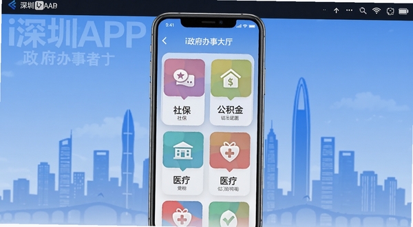 i深圳APP首页界面展示,手机屏幕中呈现政务办事大厅的卡片式布局,包含社保、公积金、医疗等彩色图标,背景为深圳城市天际线剪影,扁平化设计风格,清爽蓝色调,适合软件下载站配图