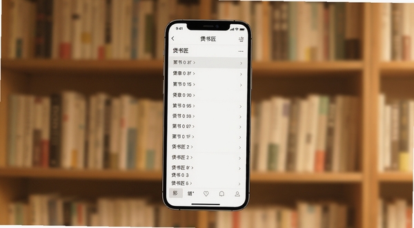 煲书匠软件主界面展示,画面中央是一部智能手机,屏幕上显示煲书匠阅读界面,有清晰章节目录和舒适排版,背景为柔和的书架虚化场景,暖色调光线,扁平化UI风格,高清细节