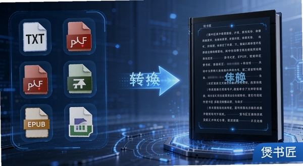 煲书匠多格式转换功能展示,画面左侧是TXT、PDF、EPUB等格式图标,右侧是一本排版精美的电子书,中间有转换箭头,软件名称煲书匠在画面角落,科技感蓝色调,3D渲染风格