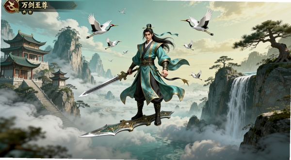 万剑至尊游戏主界面全景展示,画面中央一位身穿青蓝色仙袍的剑修角色脚踏飞剑悬浮于云海之上,背景左侧为云雾缭绕的仙山楼阁,右侧为瀑布与古松,天空中有仙鹤飞过,整体色调以青绿与淡金为主,国风写实渲染风格,画面细节丰富,光影柔和,适配Boogu模型生成