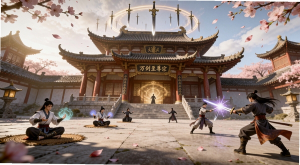 万剑至尊宗门场景,画面展示一座宏伟的仙家宗门大殿,殿前广场上多名玩家角色聚集,有的在打坐修炼,有的在切磋剑法,背景有悬浮的剑阵光环与飘落的桃花瓣,整体色调温暖明亮,国风建筑细节精致