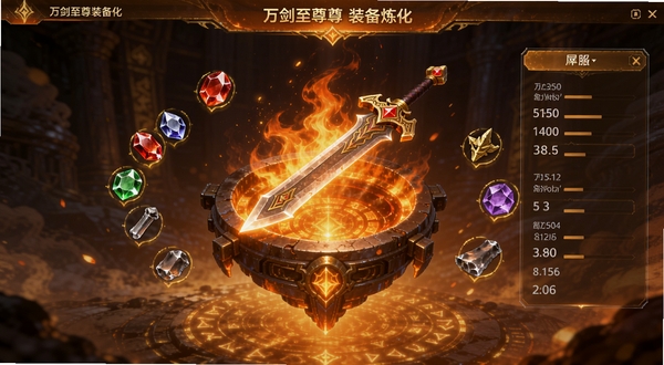 万剑至尊装备炼化界面,画面展示一个悬浮的炼化炉,炉中有一把发光的仙剑正在被火焰淬炼,周围漂浮着各色宝石与材料图标,界面带有半透明的属性数值面板,整体以暖橙色与金色为主色调,科技感与仙侠风结合