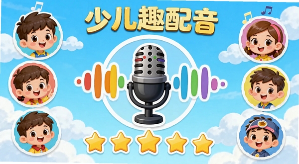 少儿趣配音主界面展示,中央位置放置卡通风格的麦克风与彩色声波图标,周围环绕动画角色头像与配音评分星星,背景为明亮的浅蓝色天空与白云,整体风格活泼童趣,适合儿童教育应用宣传图