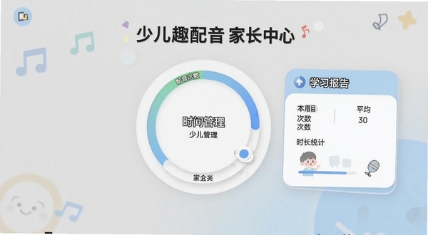 少儿趣配音家长中心界面,画面中央为时间管理圆形滑块与学习报告卡片,卡片上显示本周配音次数、平均分和时长统计,背景为温馨的浅灰色与淡蓝色,界面布局清晰简洁适合家长查看