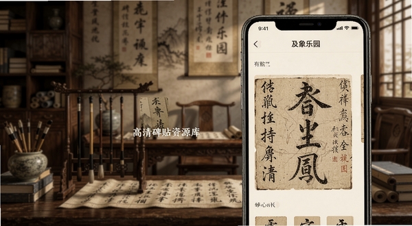 及象乐园APP内展示高清碑帖资源库,手机屏幕中呈现多幅古代书法名帖缩略图,背景区域为古风书房场景,画面主体为手机界面与碑帖内容,色调古朴雅致,适配Boogu模型生成。