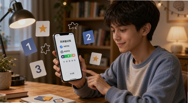 风体脑训练 个性化难度适配界面,画面中一位年轻人坐在书桌前使用手机,手机屏幕显示难度等级从一星到五星的进度条,周围环绕着数字卡片和图形碎片,背景为温馨的室内环境,暖色调灯光,人物表情专注轻松,画面风格写实柔和,突出训练场景