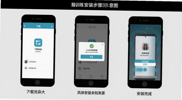 风体脑训练 安装步骤示意图,画面分为三个手机屏幕并排展示,从左到右依次为下载完成界面、允许安装未知来源弹窗、安装完成打开按钮,每个屏幕下方有简短文字标注,整体风格扁平化,背景为浅灰色,图标和文字清晰可辨