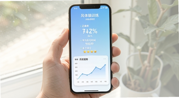 风体脑训练 训练成绩报告页面,手机屏幕居中显示正确率百分比、平均反应时间毫秒数和本次得分星级,下方有历史趋势折线图,界面简洁清爽,背景为淡蓝色渐变,画面中有一只手拿着手机,光线明亮自然