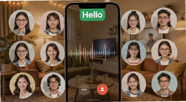 Hello语音房间多人连麦场景,画面展示手机屏幕内多个用户头像环绕排列,中央声波跳动,背景为温馨聊天室环境,Hello标志位于顶部,体现实时互动氛围