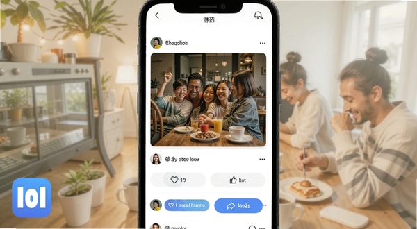 Hello动态社区页面,手机屏幕展示图文动态卡片与互动按钮,背景为明亮生活场景虚化,Hello应用图标位于角落,体现社区分享氛围