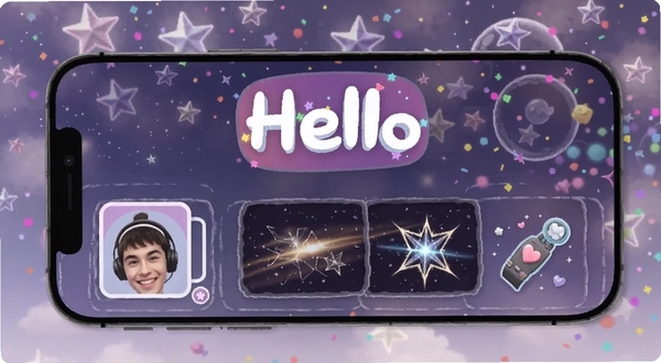 Hello个性化装扮商城界面,手机屏幕显示头像框与特效预览,背景为梦幻星光与彩色粒子,Hello标志居中,突出个性化与趣味性