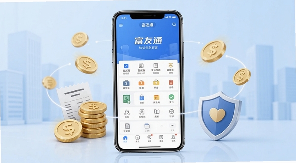 富友通软件主界面全貌预览图,画面中心为一部智能手机屏幕显示富友通应用首页,背景为简洁的浅蓝色渐变商务风格,屏幕周围环绕着金币、账单、盾牌等金融元素图标,整体色调专业沉稳,适配Boogu模型生成高清应用展示图
