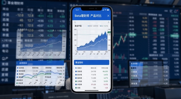 Beta理财师产品对比页面展示,手机屏幕内呈现多只基金净值曲线叠加图与指标数据表,配色以蓝白为主,背景为虚化的金融数据大屏,突出专业数据分析感