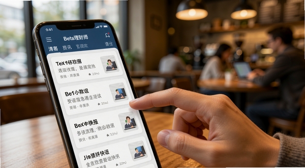 Beta理财师资讯推送界面,手机屏幕显示财经快讯卡片流,画面中有一只手正在滑动屏幕,背景为暖色调咖啡厅环境,传递轻松获取资讯的场景感