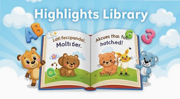 Highlights Library��ͯӢ�Ļ汾�Ķ�����չʾ������������һ�������Ĳ�ɫӢ�Ĺ����飬��Χ���ƿ�ͨ�����ɫ����ĸԪ�أ�����Ϊ��͵�ǳ��ɫ�������ƣ��������������ã��ʺ϶�ͯ����Ӧ������ͼ